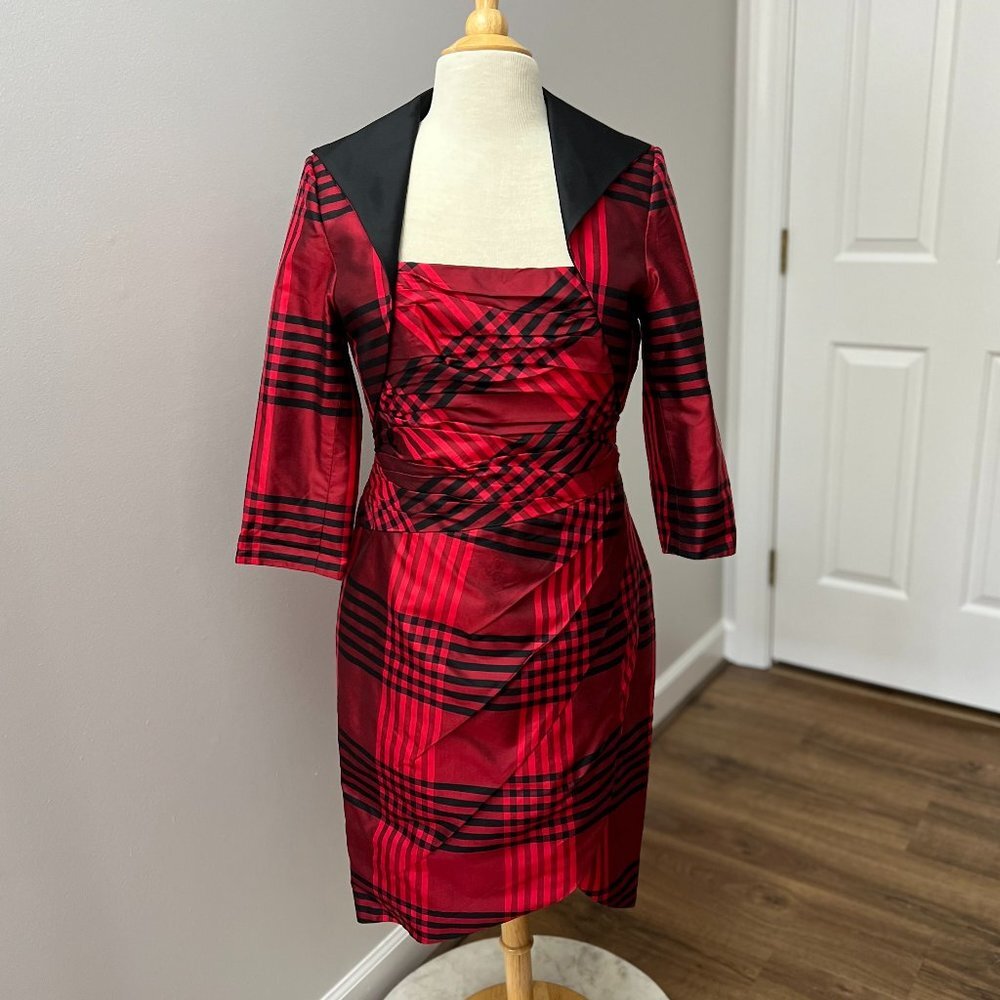 Marisa Baratelli Red Plaid Thai Silk Dress and Jacket Set Sz 10